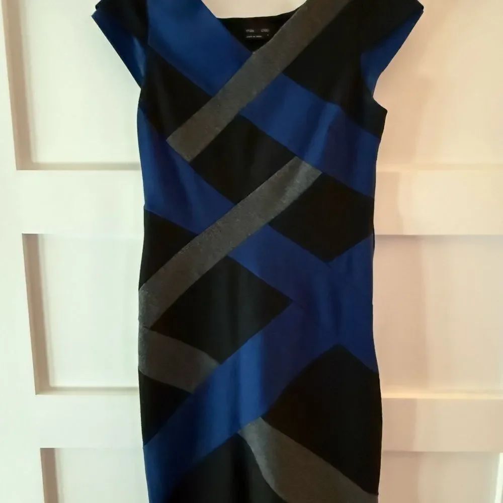 Max and Cleo criss cross navy black and gray overlay dress